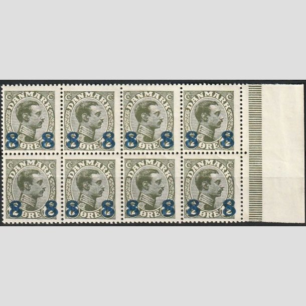 FRIMRKER DANMARK | 1921-22 - AFA 119 - Chr. X 8 8/12 re oliven provisorier i 8-blok med marginalstykke - Postfrisk