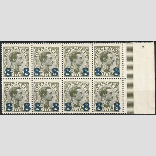 FRIMRKER DANMARK | 1921-22 - AFA 119 - Chr. X 8 8/12 re oliven provisorier i 8-blok med marginalstykke - Postfrisk