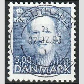 FRIMRKER DANMARK | 1992 - AFA 1019 - Dronning Margrethe - 5,00 Kr. bl - Pragt Stemplet