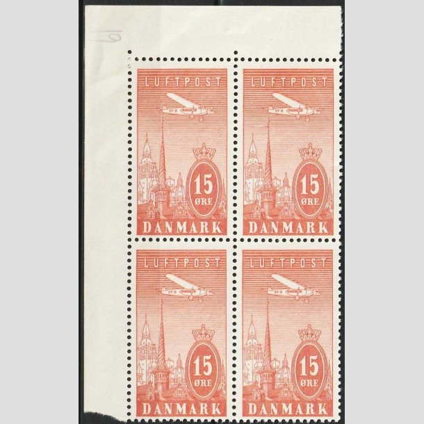 FRIMRKER DANMARK | 1934 - AFA 217 - Ny Luftpost 15 re rd i 4-blok - Postfrisk
