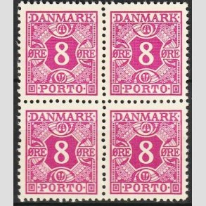 FRIMRKER DANMARK | 1937-55 - AFA 34 - Stlstik farvendring - 8 re rdlilla i 4-blok - Postfrisk