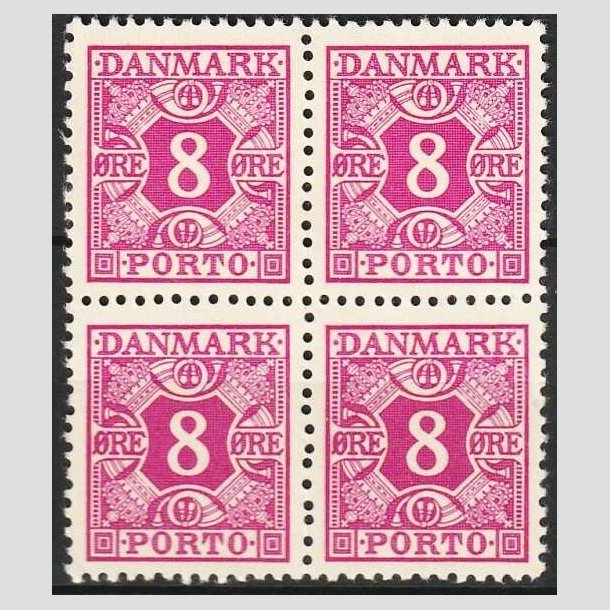 FRIMRKER DANMARK | 1937-55 - AFA 34 - Stlstik farvendring - 8 re rdlilla i 4-blok - Postfrisk