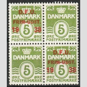 FRIMRKER DANMARK | 1938 - AFA 245 - D.F.U - 5 re grn i 4-blok - Postfrisk