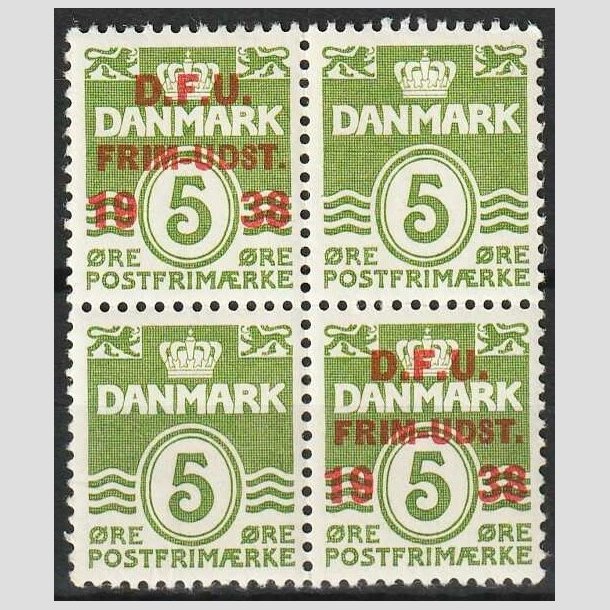 FRIMRKER DANMARK | 1938 - AFA 245 - D.F.U - 5 re grn i 4-blok - Postfrisk