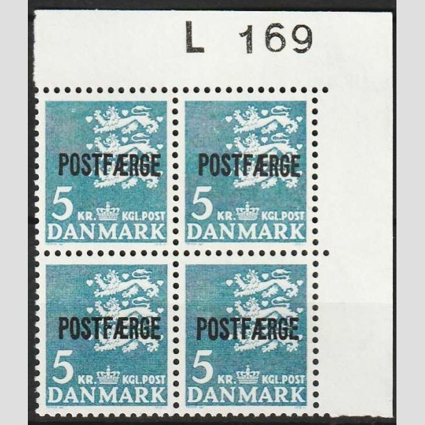 FRIMRKER DANMARK | 1967-75 - AFA 50 - 5 kr. bl POSTFRGE i 4-blok med vre marginal L169 - Postfrisk