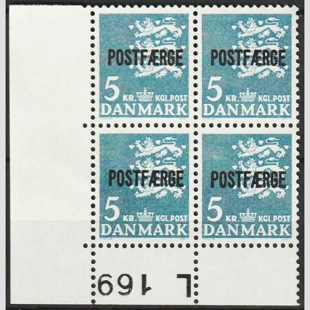 FRIMRKER DANMARK | 1967-75 - AFA 50 - 5 kr. bl POSTFRGE i 4-blok med nedre marginal - Postfrisk