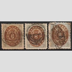 FRIMRKER DANMARK | 1871-74 - AFA 19 - 8 Skilling gr/brun 3 stk. i blandet kvalitet - Stemplet