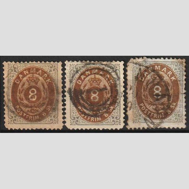 FRIMRKER DANMARK | 1871-74 - AFA 19 - 8 Skilling gr/brun 3 stk. i blandet kvalitet - Stemplet