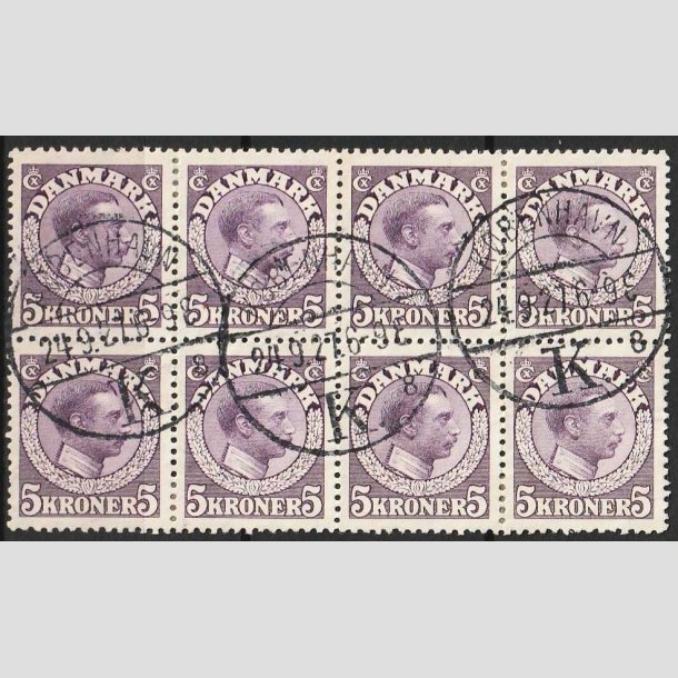 FRIMRKER DANMARK | 1918-20 - AFA 110 - Chr. X 5 Kr. violet i 8-blok - Pnt Stemplet