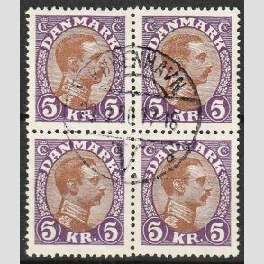 FRIMRKER DANMARK | 1927-28 - AFA 176 - Chr. X 5 Kr. violet/brun i 4-blok med marginal - Lux Stemplet