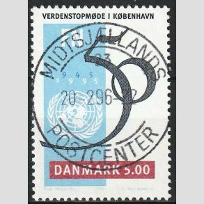 FRIM�RKER DANMARK | 1995 - AFA 1085 - FN 50 �r - 5,00 Kr. flerfarvet - Pragt Stemplet Odder