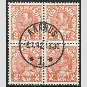FRIMRKER DANMARK | 1934 - AFA 212 - Chr. X 2 Kr. brunrd i 4-blok - Lux Stemplet Aarhus