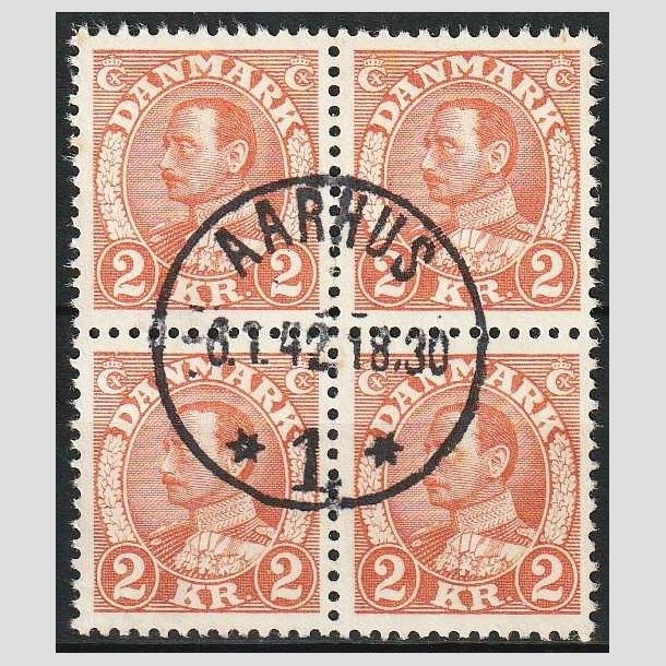 FRIMRKER DANMARK | 1934 - AFA 212 - Chr. X 2 Kr. brunrd i 4-blok - Lux Stemplet Aarhus