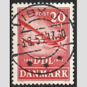 FRIMRKER DANMARK | 1943 - AFA 282 - Luftfart 25 r - 20 re rd - Pragt Stemplet Viby J.