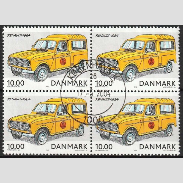 FRIMRKER DANMARK | 2002 - AFA 1323 - Postkretjer - 10,00 Kr. flerfarvet i 4-blok - Pragt Stemplet
