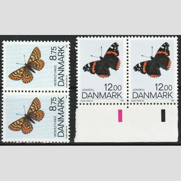 FRIMRKER DANMARK | 1993 - AFA 1039-40 - Sommerfugle - 8,75 + 12,00 kr. flerfarvet i parstykker - Postfrisk