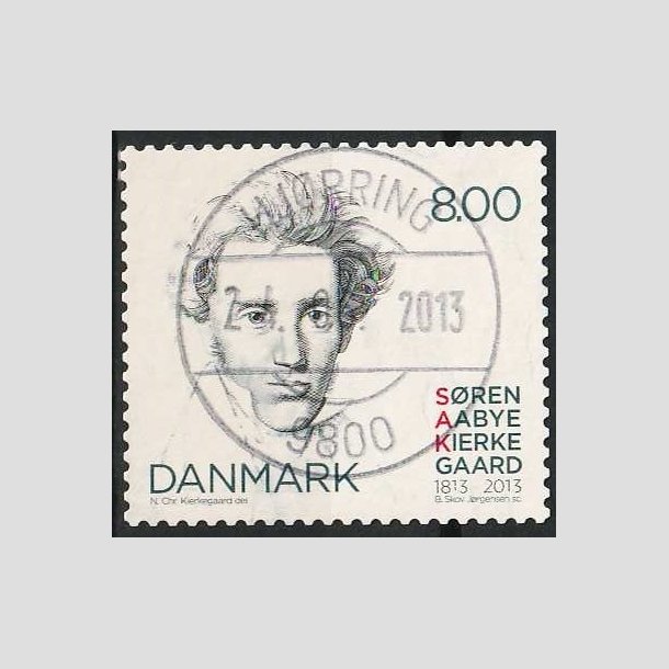 FRIMRKER DANMARK | 2013 - AFA 1740 - Sren Kierkegaard 200 r. - 8,00 Kr. flerfarvet - Pragt Stemplet Hjrring