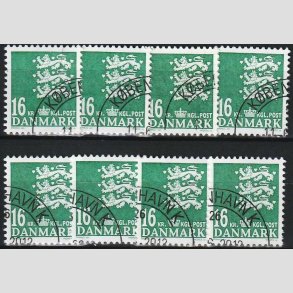 FRIMRKER DANMARK | 2008 - AFA 1531 - Lille Rigsvben - 16,00 Kr. mrkgrn x 8 stk. - Pnt hjrnestemplet