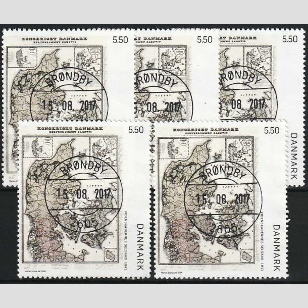 FRIMRKER DANMARK | 2009 - AFA 1585 - Gamle Danmarkskort - 5,50 Kr. flerfarvet x 5 stk. - Lux Stemplet 