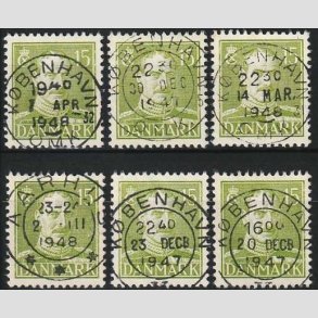 FRIMRKER DANMARK | 1942-44 - AFA 275 - Chr. X 15 re grn x 6 stk. - Lux Stemplet