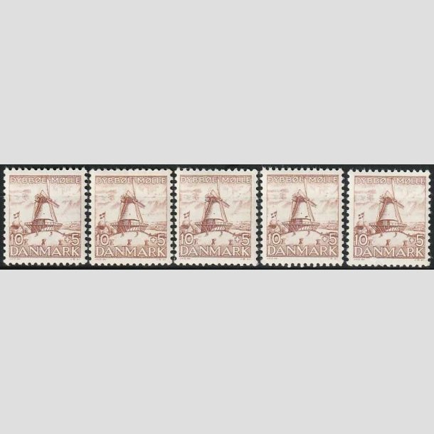 FRIMRKER DANMARK | 1937 - AFA 237 - Dybbl Mlle - 10+5 re brun x 5 stk. - Postfrisk