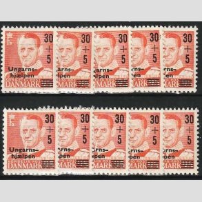 FRIMRKER DANMARK | 1957 - AFA 369 - Ungarnshjlpen - 30 + 5/90 re orangerd x 10 stk. - Postfrisk
