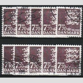 FRIMRKER DANMARK | 1989 - AFA 929 - Rigsvben - 7,70 Kr. mrklilla x 10 stk. - Pnt hjrnestemplet