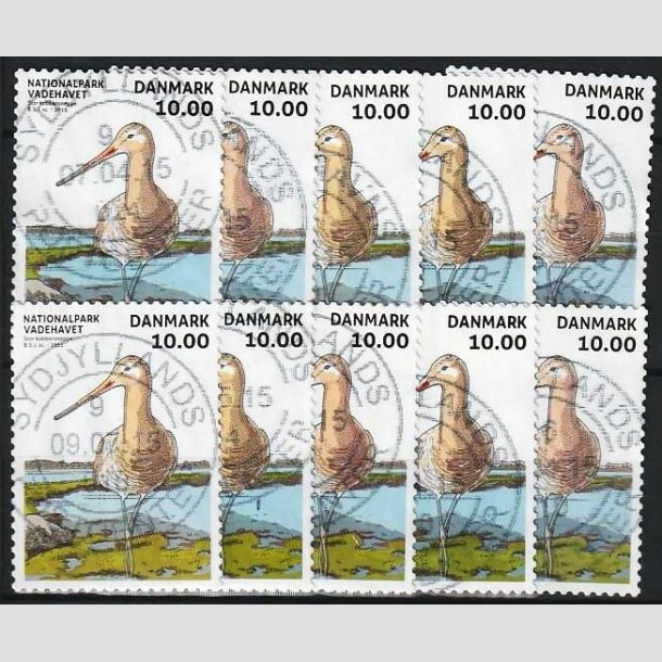 FRIMRKER DANMARK | 2015 - AFA 1807 - Nationalpark Vadehavet - 10,00 Kr. kobbersneppe x 10 stk. - Pnt Stemplet