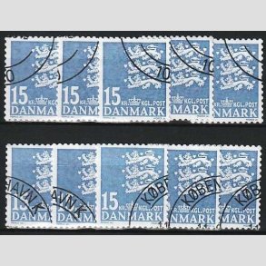 FRIMRKER DANMARK | 2004 - AFA 1377 - Lille Rigsvben - 15,00 Kr. lysbl x 10 stk. - Pnt hjrnestemplet