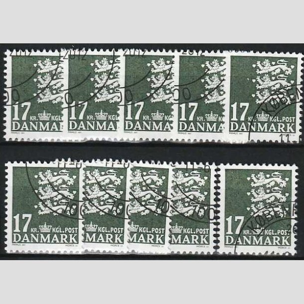 FRIMRKER DANMARK | 2006 - AFA 1454 - Lille Rigsvben - 17,00 Kr. mrkgrn x 10 stk. - Pnt hjrnestemplet