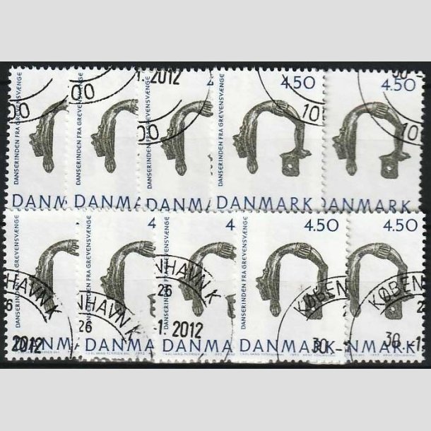 FRIMRKER DANMARK | 1992 - AFA 1008 - Nationalmuseets samlinger - 4,50 Kr. bl/grn x 10 stk. - Pnt stemplet