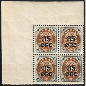 FRIMRKER DANMARK | 1912 - AFA 60 - 35/16 res Provisorier gr/brun i vre Marginal 4-blok - Postfrisk (Sjlden)