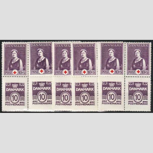 FRIMRKER DANMARK | 1939 - AFA 252+266 - Dronning Alexandrine Rde Kors + blgelinie - 10 + 5 re + 10 re i 4-blok x 5 stk. - Postfrisk