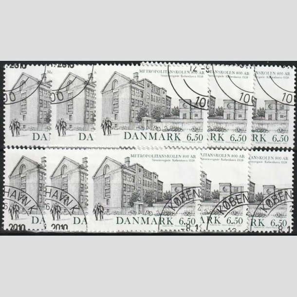 FRIMRKER DANMARK | 2009 - AFA 1593 - Metropolitanskolen 100 r. - 6,50 Kr. flerfarvet x 10 stk. - Pnt hjrnestemplet