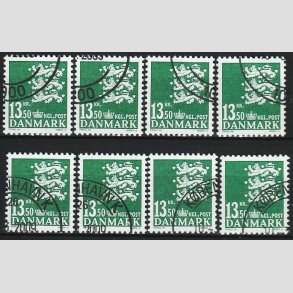 FRIMRKER DANMARK | 2007 - AFA 1490 - Lille Rigsvben - 13,50 Kr. grn x 8 stk. - Pnt hjrnestemplet