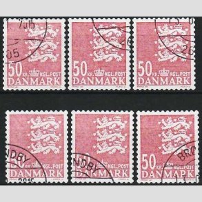 FRIMRKER DANMARK | 2010 - AFA 824E - Lille Rigsvben - 50,00 Kr. rd x 6 stk. - Pnt hjrnestemplet