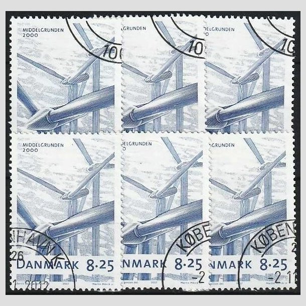 FRIMRKER DANMARK | 2007 - AFA 1495 - Danske vindmller - 8,25 Kr. bl x 6 stk. - Pnt hjrnestemplet