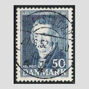 FRIM�RKER DANMARK | 1951 - AFA 330 - Hans Christian �rsted - 50 �re bl� - Lux Stemplet Helsing�r