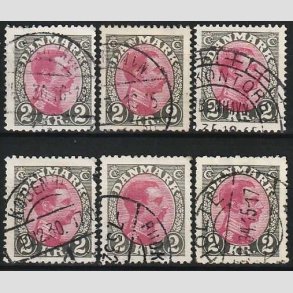 FRIMRKER DANMARK | 1925-26 - AFA 151 - Chr. X - 2 kr. gr/rdlilla x 6 stk. - Stemplet