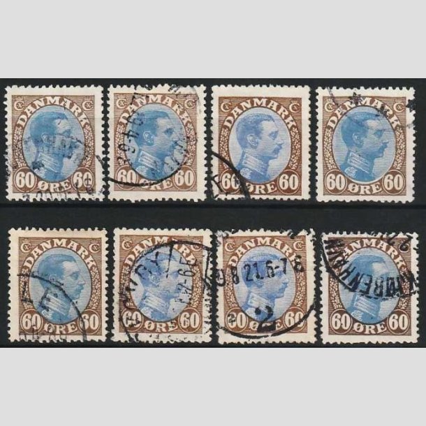 FRIMRKER DANMARK | 1918-20 - AFA 107 - Chr. X - 60 re brun/bl x 8 stk. - Stemplet