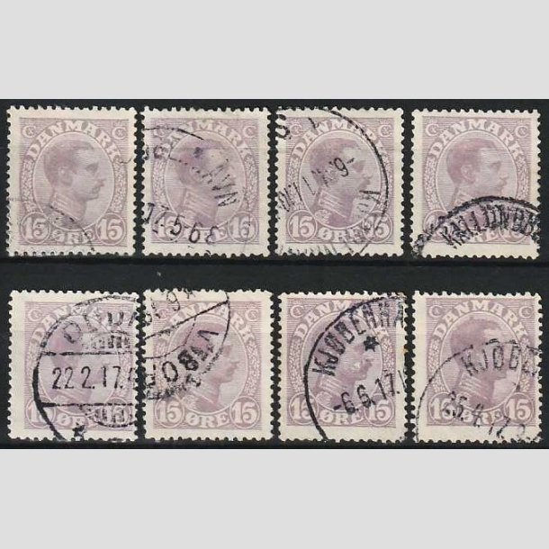 FRIMRKER DANMARK | 1913 - AFA 70a - Chr. X - 15 re matlilla x 8 stk. - Stemplet