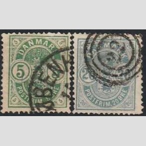 FRIM�RKER DANMARK | 1882 - AFA 32,33 - V�bentype, sm� hj�rnetal - 5 �re gr�n og 20 �re bl� - Stemplet