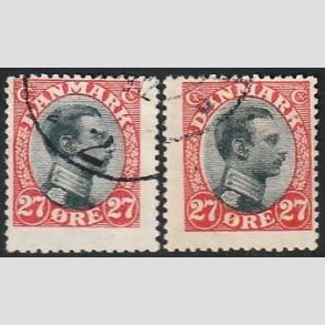 FRIMRKER DANMARK | 1918-20 - AFA 102 - Chr. X 27 re rd/sort 2 stk. svrt decentrerede bde +V - Stemplet